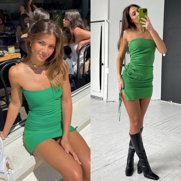 SNDYS X MOLLY KING Green Strapless Ruched Tie Side‎ Slit Sleeveless Mini Dress 6 - Picture 2 of 16